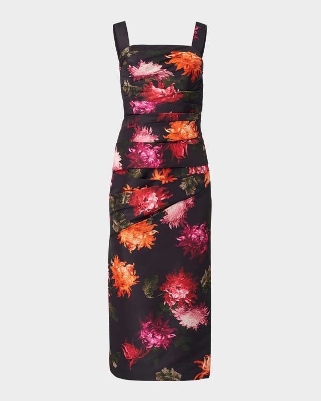 Gathered Floral Square-Neck Midi Dress
